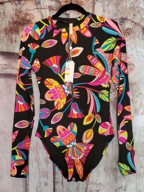 Trina Turk M One-Piece Swimsuit Long Sleeve Rash Guard  Zip Front